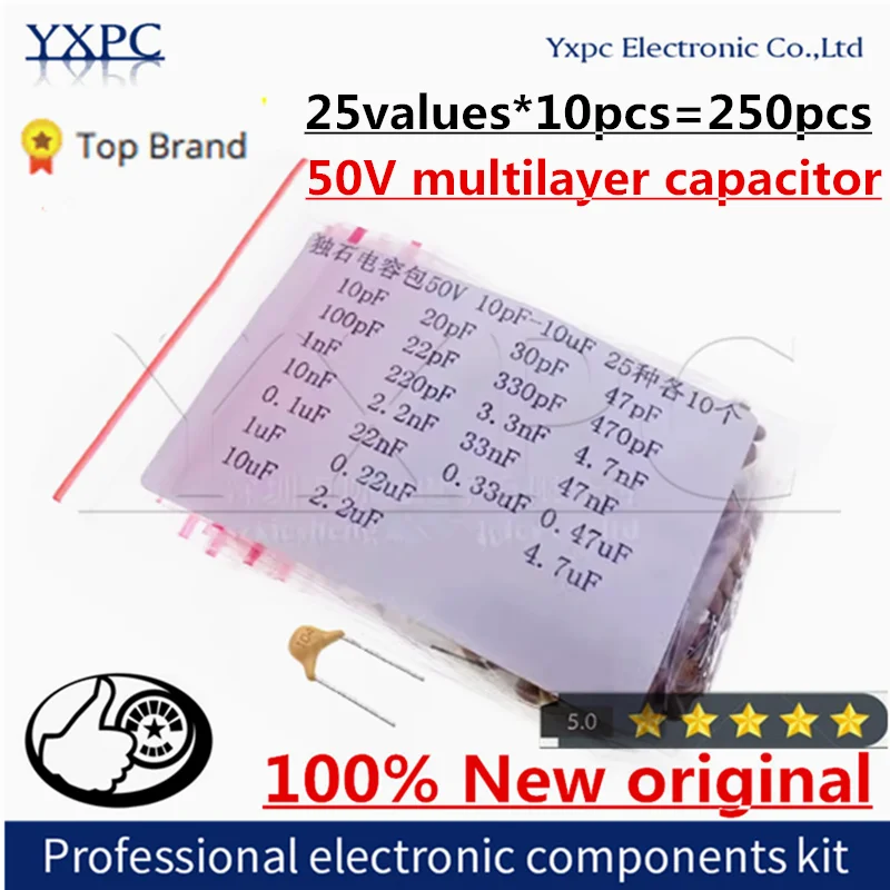 

25values*10pcs=250pcs 50V multilayer capacitor MLCC kIt 5.08MM 10pF-10uF capacitors Sets