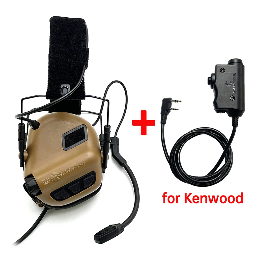 EARMOR M32 SE(SE 32) Taktisches Schieß-Headset + M51 PTT für Kenwood, Aktive Geräuschunterdrückung Ohrenschützer für Jagd, Airsoft