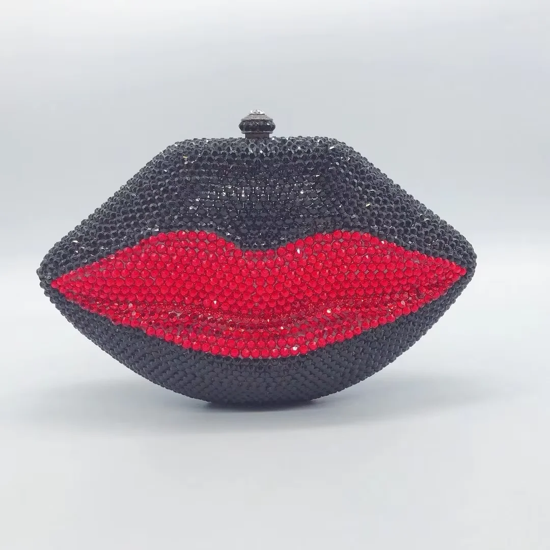 Luxury Black/Red Diamond Mouth Shape Evening Bag Purse Women Minaudiere Party Clutch WHTUOHENG Lady Crystal Dinner Handbags