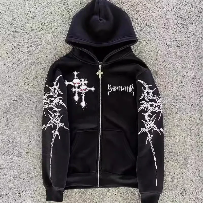 Gothic Zipper Hoodie Skull Letter Cross Sweatshirts High Street Y2K Zip Up Jacket Men Women Streetwear Fleece Long Sleeve Coats