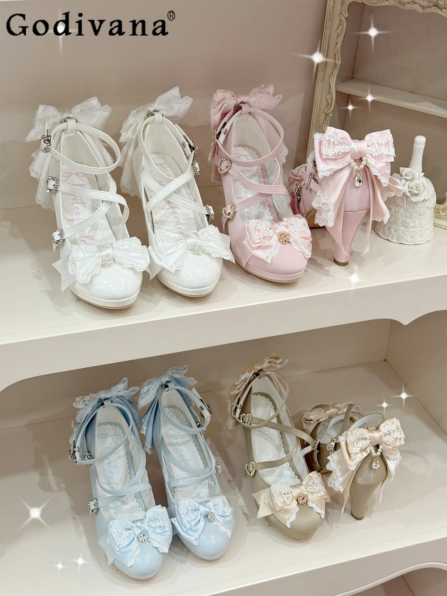 

Original Lolita High Heel Pumps for Women Spring New 2026 Girls Sweet Elegant Bow Lace Lo Mary Jane Shoes Ladies Wedding Shoes