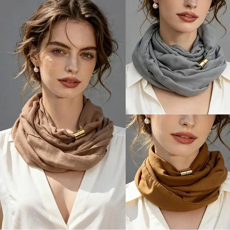French Style No Tie Silk Scarf Solid Color Portable Minimalist Elegant Neckwear for Women Commute Short Trip