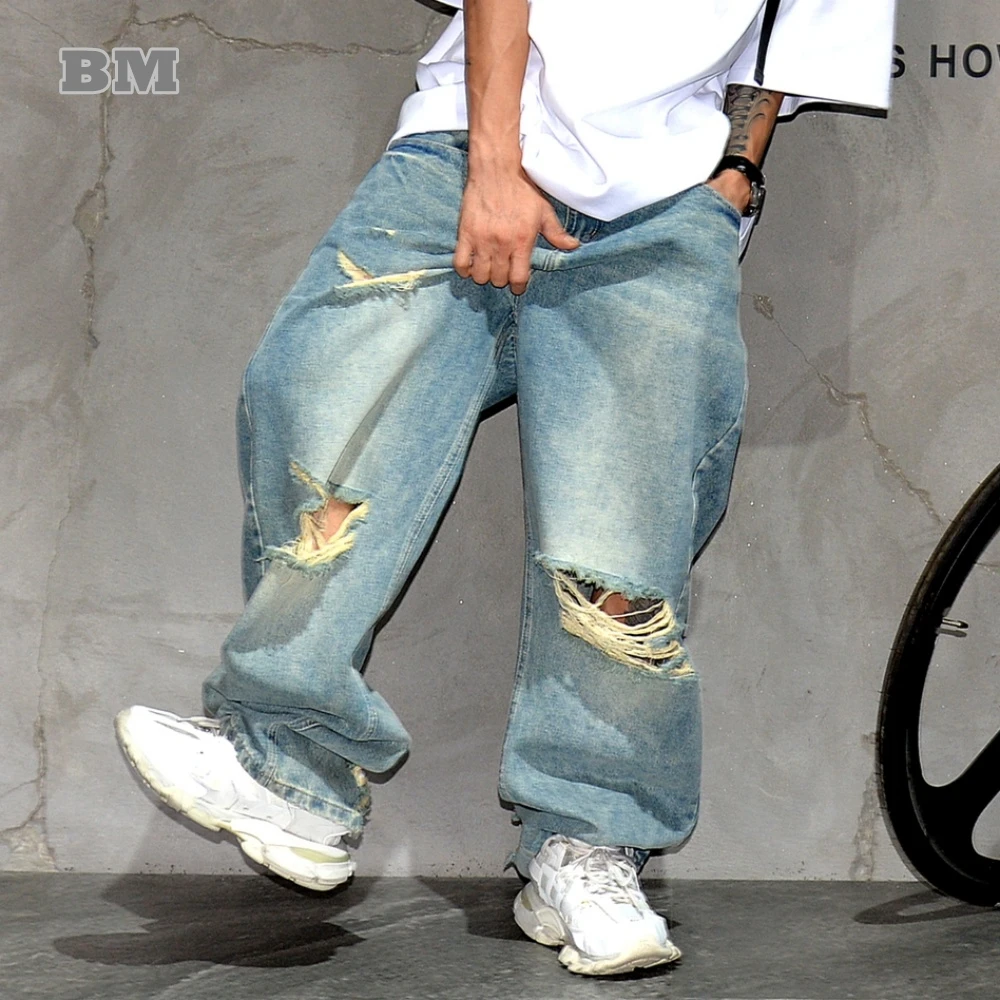 

High Quality Streetwear Light Blue Ripped Jeans Men'S Trousers Korean Fashion Hip Hop Baggy Jeans Kpop Skateboard Denim Pants