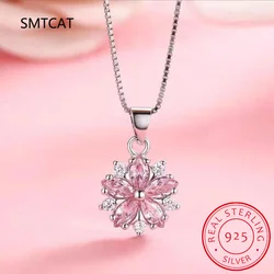 Korean Fashion Pink Crystal Sakura Pendant 925 Sterling Silver Necklaces For Women Cute Romantic Female Wedding Jewelry Collier