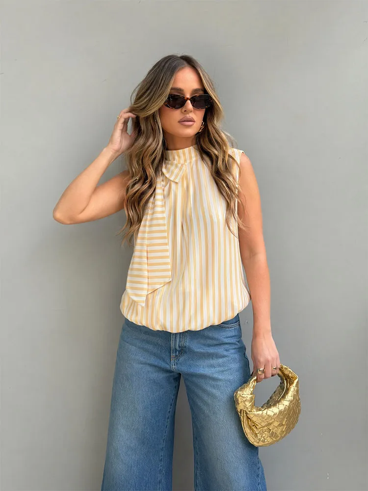 HH Women Summer Spring Effortless Chic Yellow White Stripe Halter Blouse Spring Ruffle Neck Self Tie Sash Bubble Hem Loose Tank