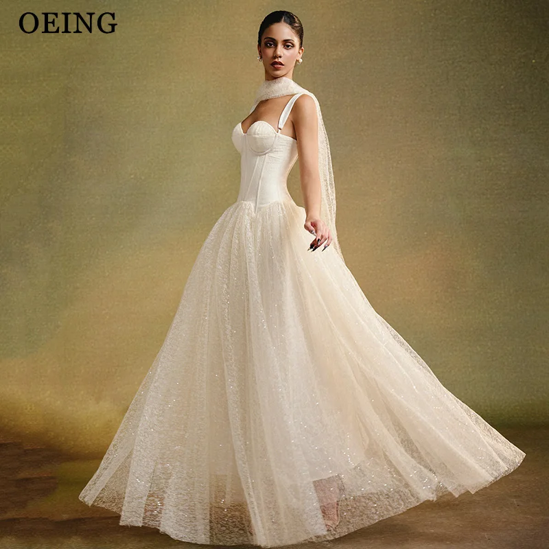 

OEING Fairytale A-Line Prom Dress Beige Sweetheart Sleeveless Lace Tulle Party Gowns Floor Length Evening Dress Customized