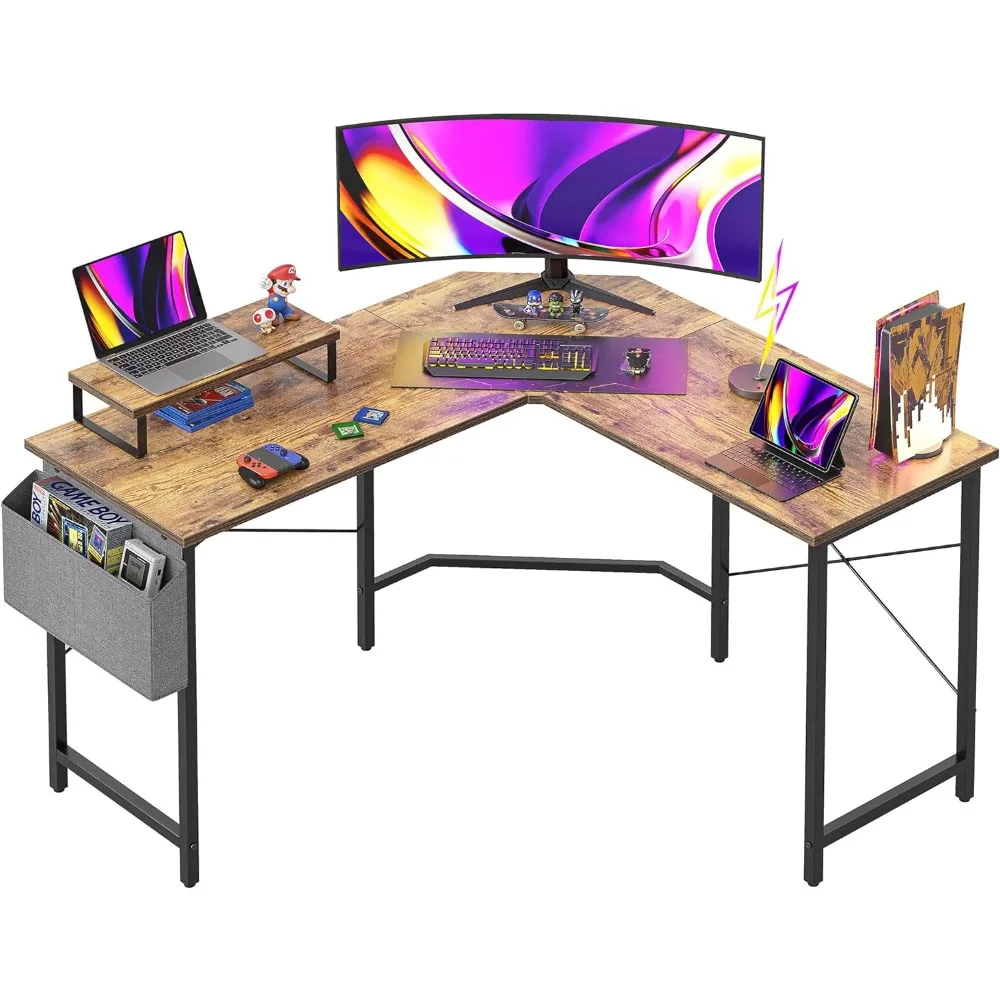 Em forma de L Gaming Desk, Computer Corner Desk com Monitor Prateleira, Estudo e Escrita Workstation, Rústico Brown, Casa e Escritório, 47,2 pol