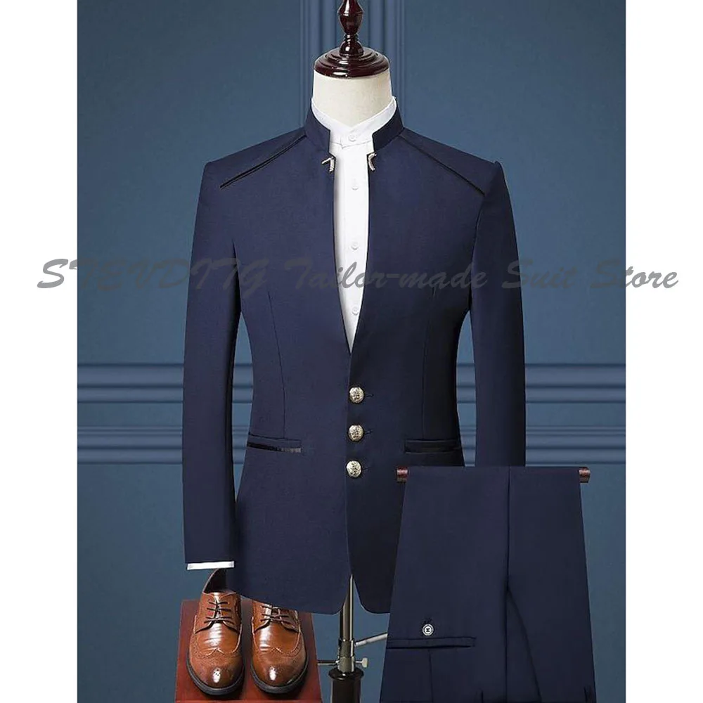 

Navy Evening Men Suits Party Single Breasted Stand-up Collar 2 Pieces Jacket Pants Classic Skim Fashion Stylish Male Suit Simple