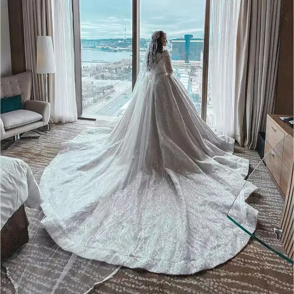 Maßgeschneidertes Luxus-Brautkleid mit Herzausschnitt und Langen Ärmeln, A-Linie mit Pailletten-Applikationen, Bodenlange Hochzeitsrobe 2026 Vestido De Noiva – Detail 4