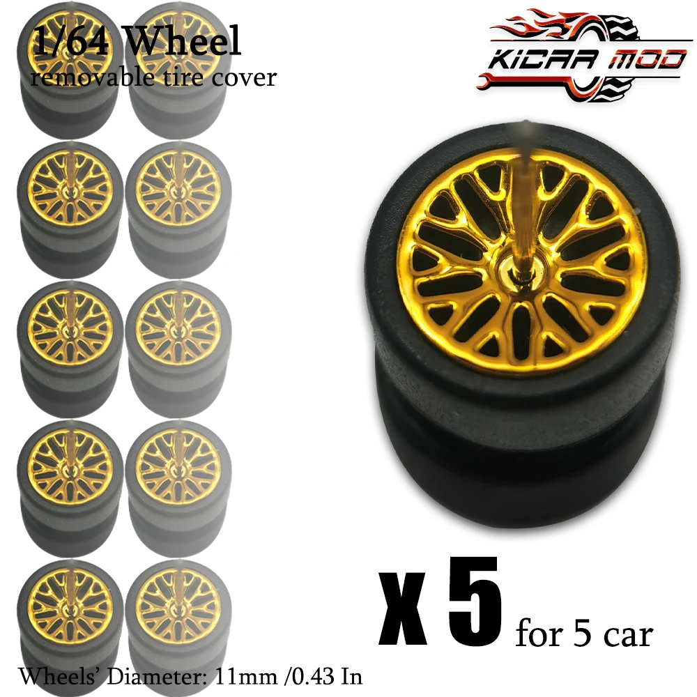 1/64 Wheels with Detachable Slick Rubber Tires Branched Spokes for Toy Model Diecast Cars Refiting Parts for Hotwheels (5 Sets)