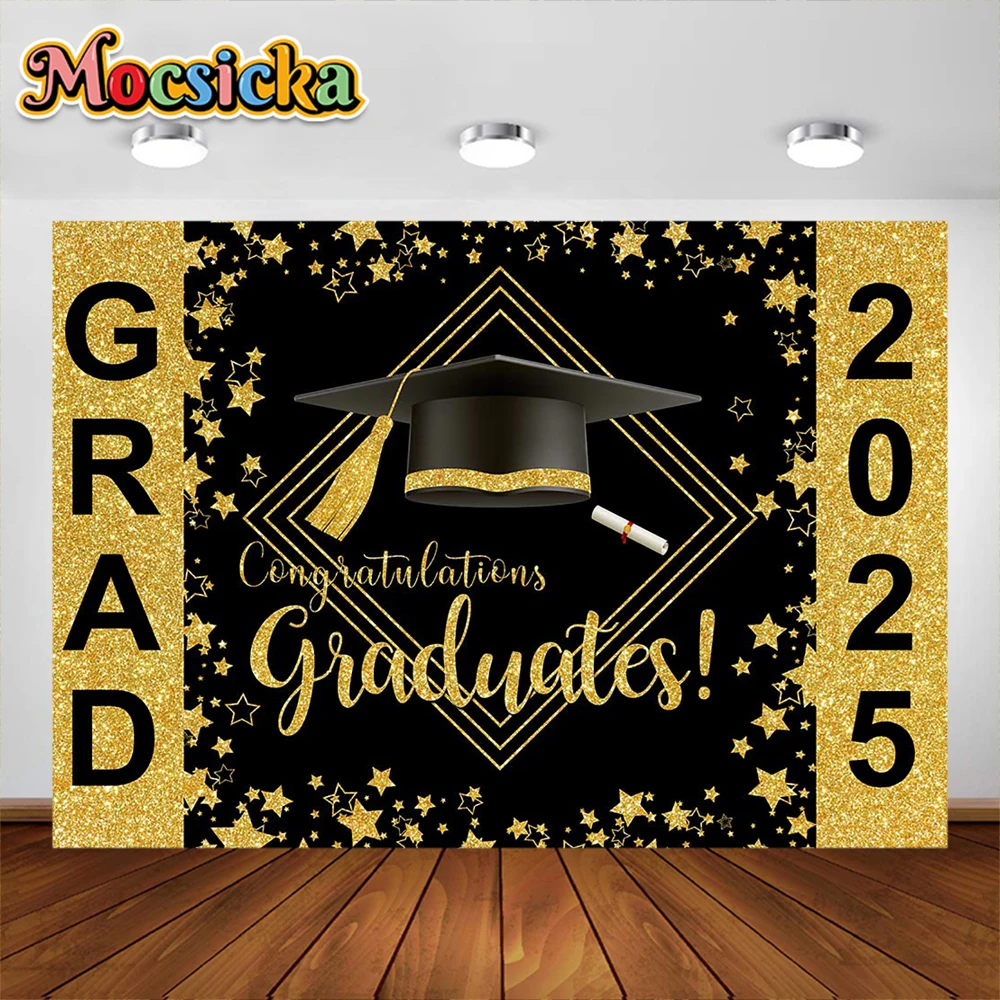 2025 Graduation Season Photography Background Doctoral Hat Gold Glitter Colorful Balloon Decora Boy Girl Portrait Photo Backdrop