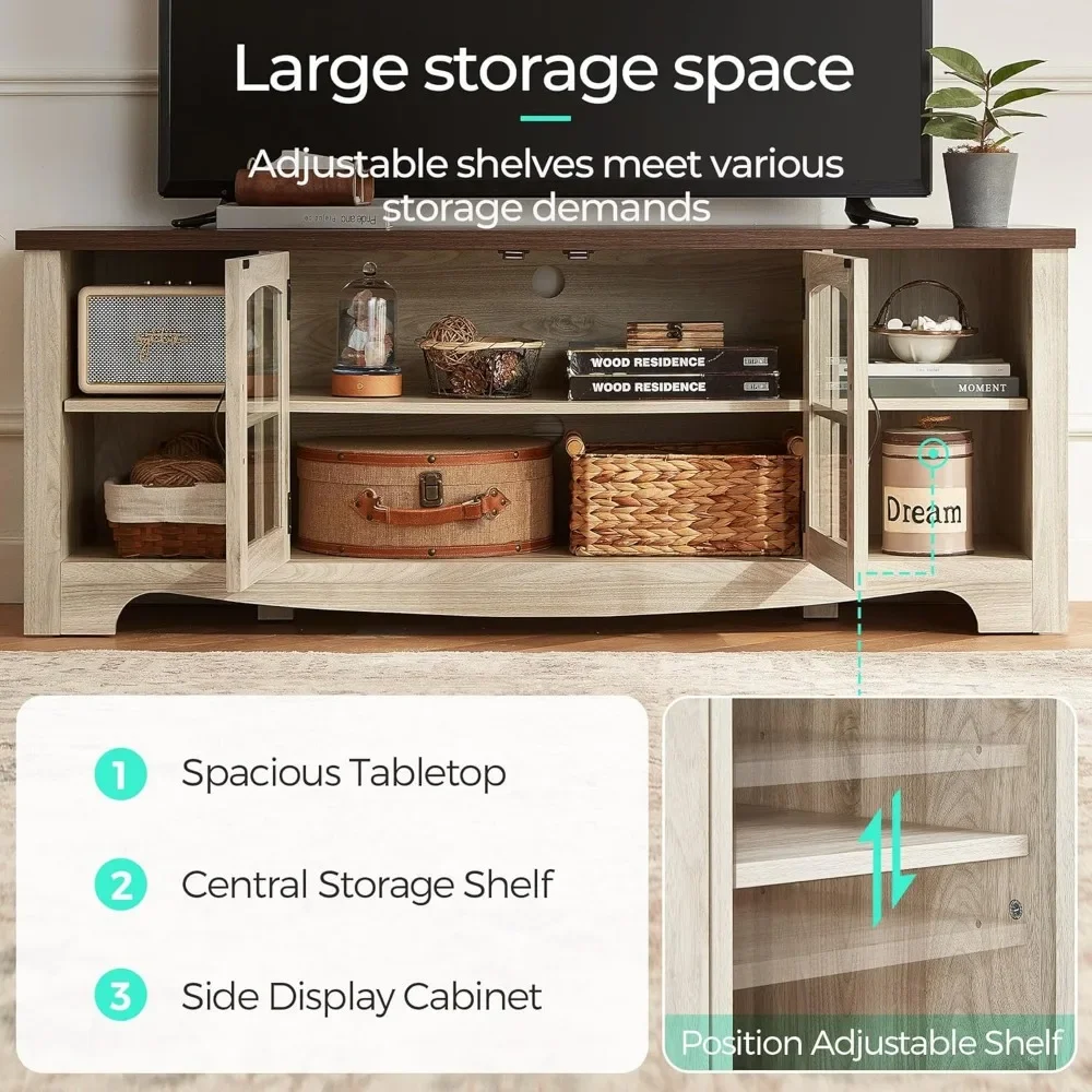 حامل تلفزيون لتلفزيون 65 بوصة، مركز ترفيه خشبي مع خزانة تخزين بباب زجاجي وأرفف قابلة للتعديل، طاولة وحدة تحكم أجهزة تلفزيون قوية #5