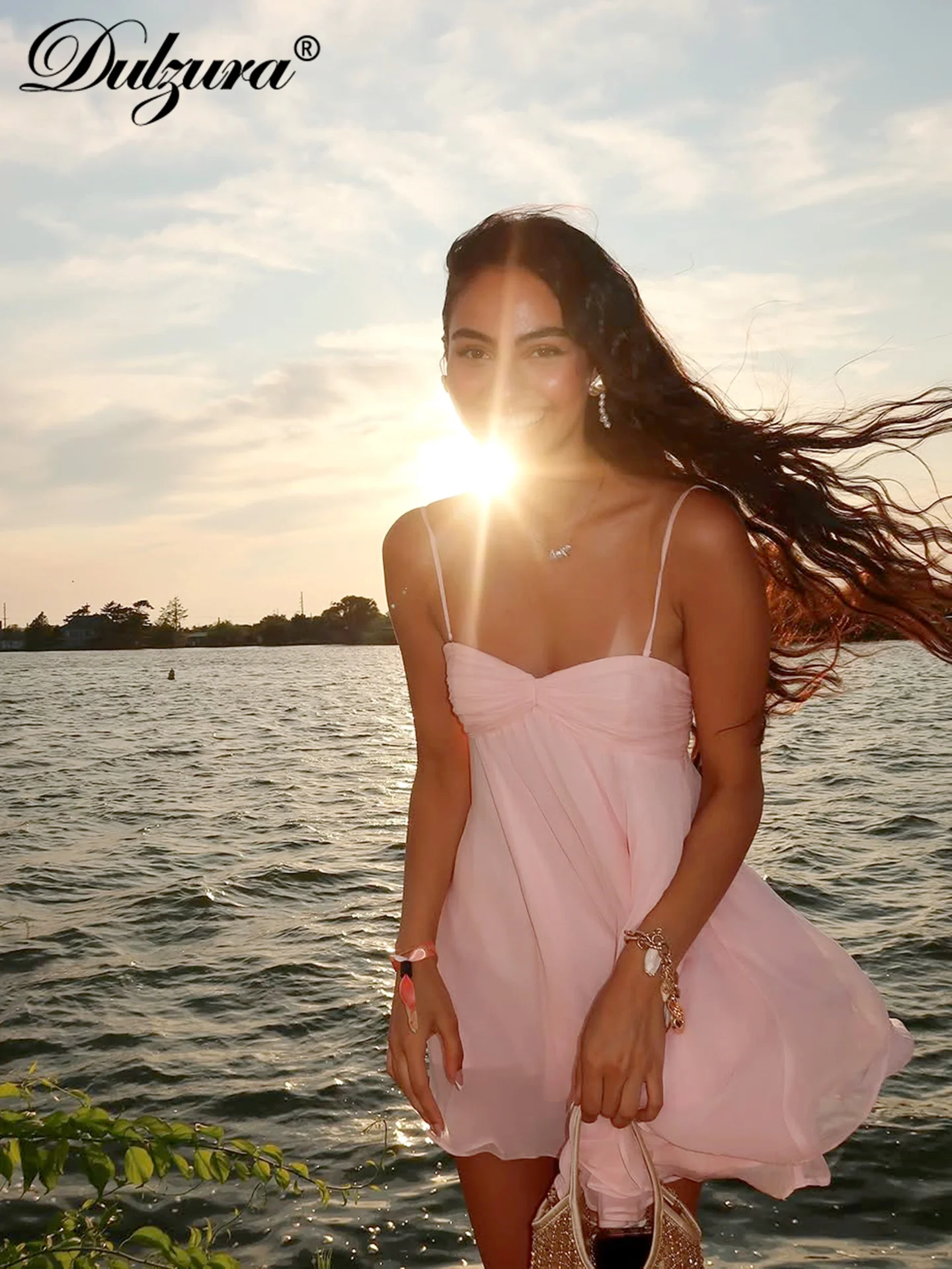 Dulzura 2025 Summer Fashion Sleeveless Backless Slim Fit Chiffon Mini Camisole Dress Lady Solid Sexy Elegant Party Club Clothes