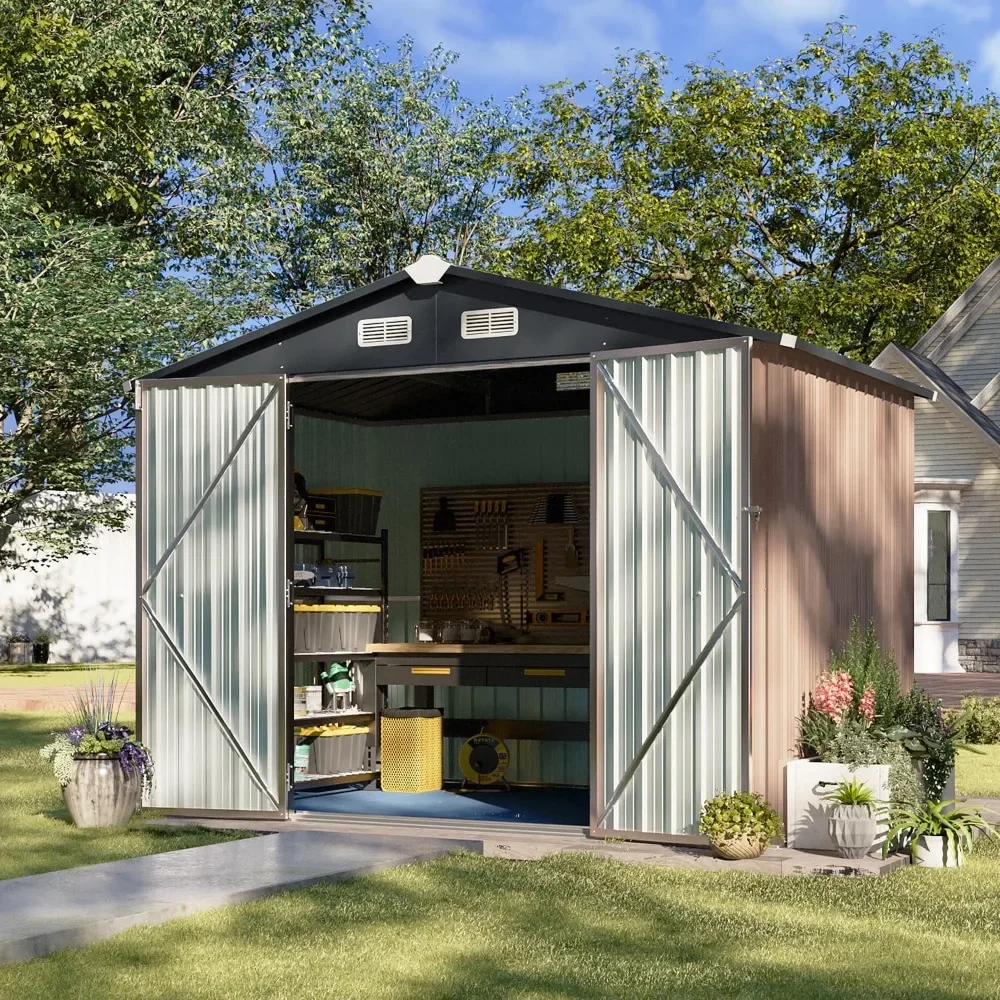 Outdoor Storage Shed With Flood 6 X 8 FT Metal Tool Shed With Door and Lock Outdoor Shed Plastic Floor Included Brown Sheds Home