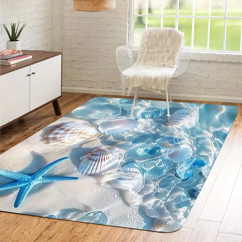 Seaside Starfish and Shells Pattern Printing Floor Mat Living Room Marine Style Printing Home Decor Area Rug Kitchen Bathroom