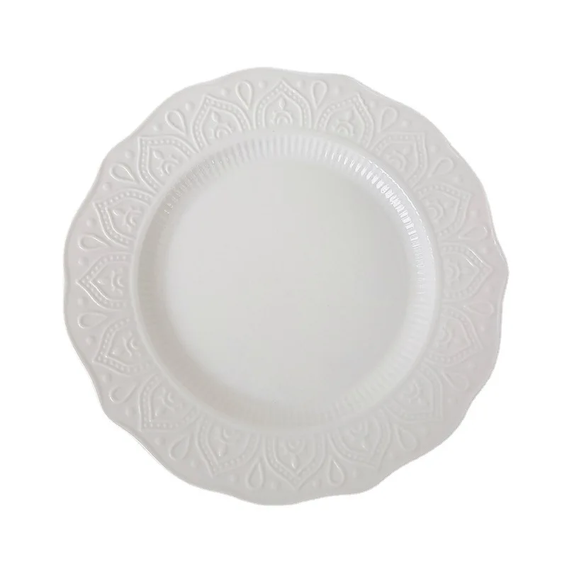 European style white relief pattern exquisite cake dessert plate household dish plate 8-inch flat plate underglaze color tablewa