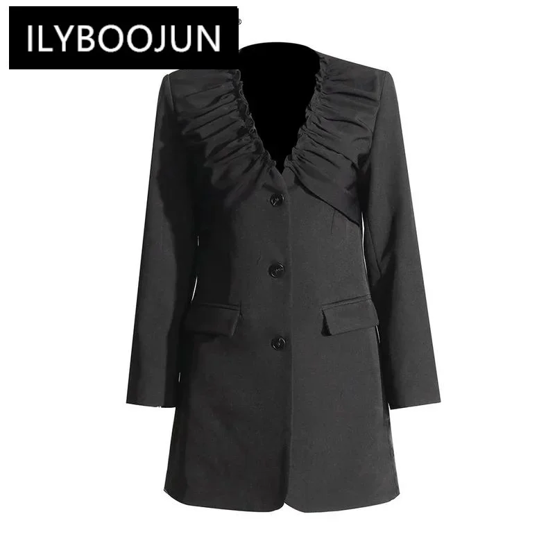 

ILYBOOJUN Solid Patchwork Folds Blazer For Women V Neck Long Sleeve Spliced Single Breasted Chic Blazers Female Fashion New