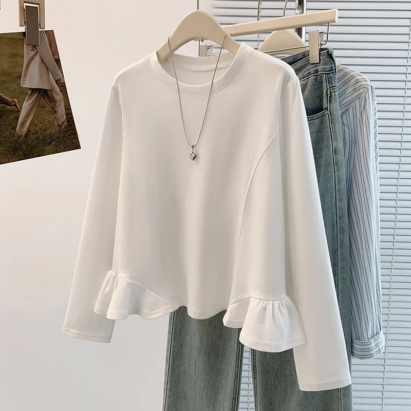 Spring Autumn plus Size T-Shirt Bell Sleeve Cover Belly Versatile Cotton Long Sleeve Top Women's Pure Color Linen Blend T-Shirt