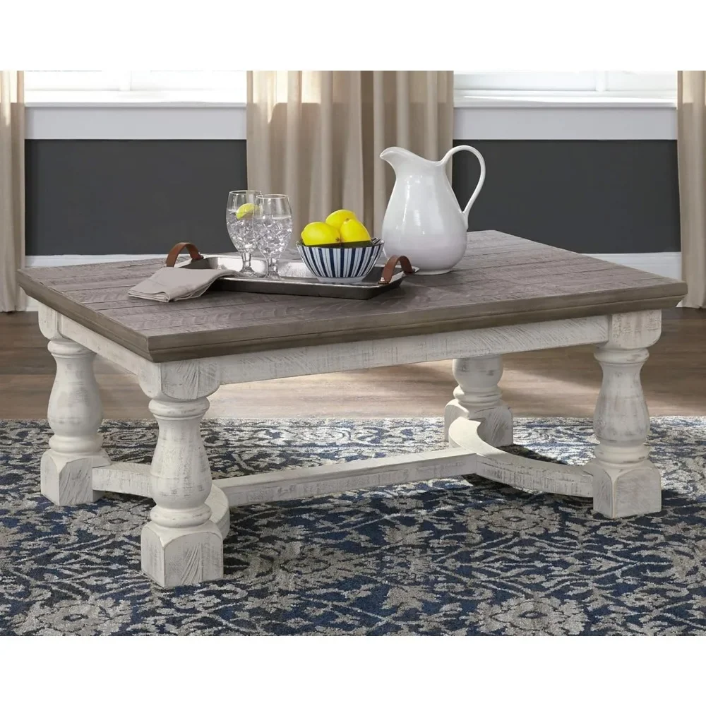 Havalance Farmhouse Rectangular Coffee Table in Gray & White with Weathered Finish