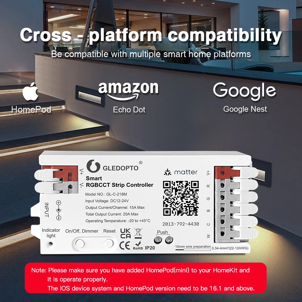 Matter WIFI RGBCCT Controller Smart LED Strip DC 12V 24V Dimmer Work with Apple HomeKIT Amazon Alexa Google Siri Voice Control