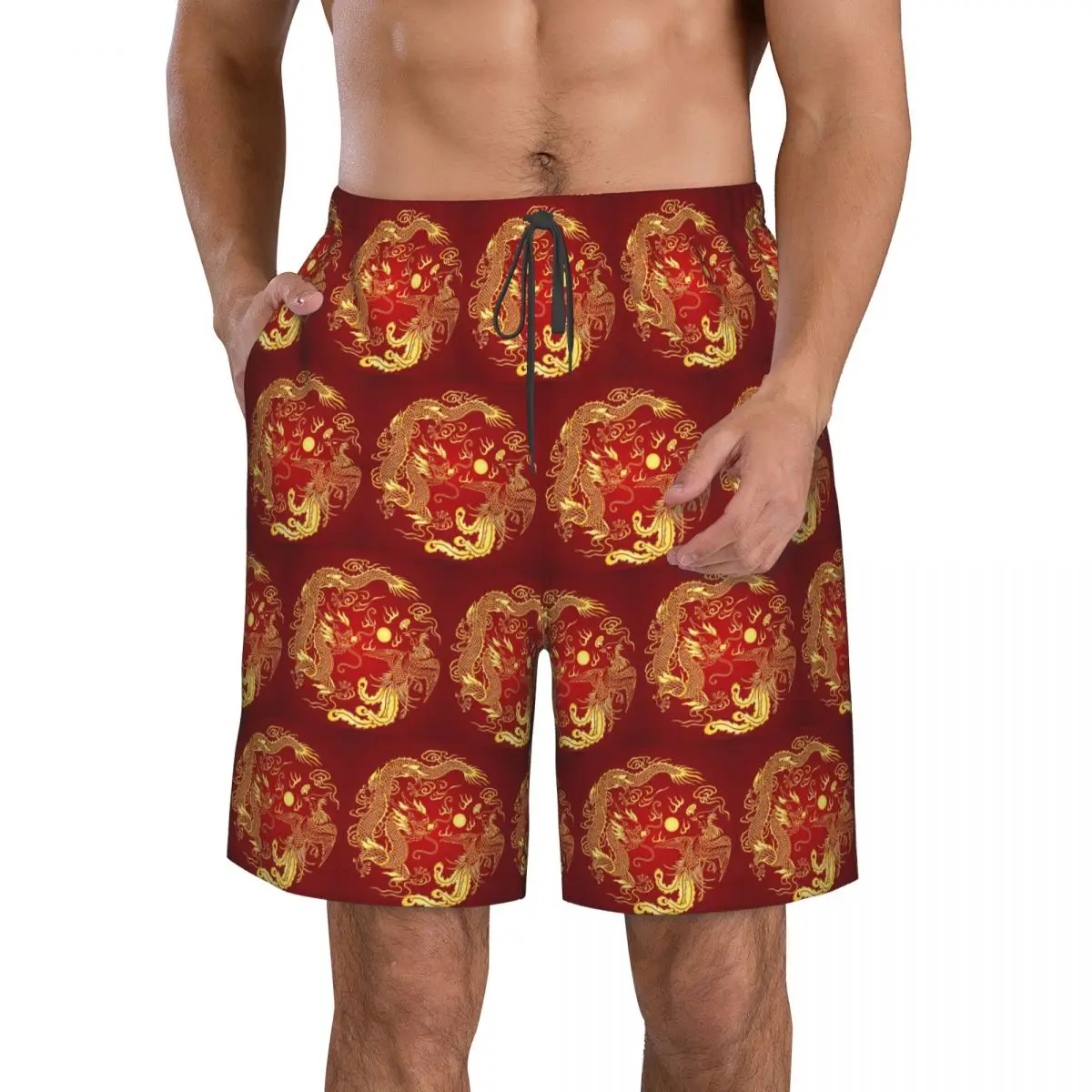 Chinese Traditional Golden Dragon Trunks Beach Board Shorts Casual Quick Dry Swim Summer Men Pants