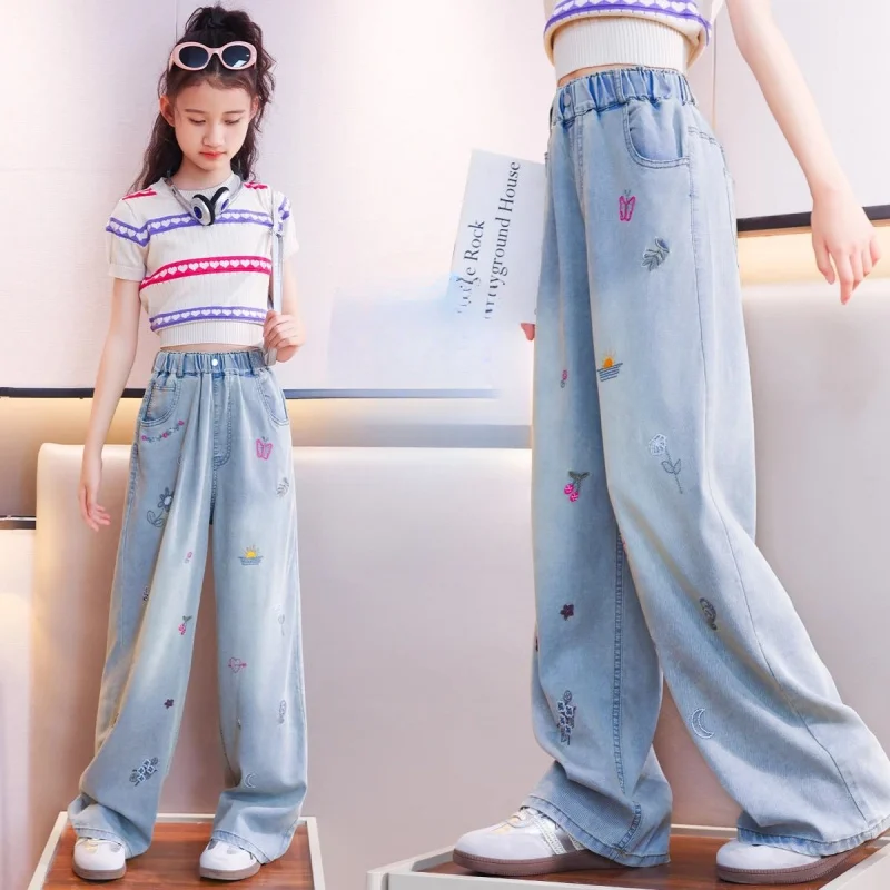 

Girls2025New Tencel Jeans Summer Children's Anti-Mosquito Pants Summer Wear Big Kids Silk Wide-Leg Pants