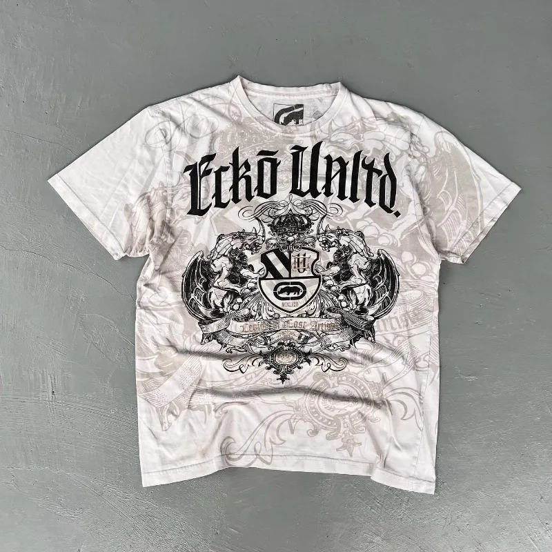 

2000s Ecko Gothic Wing Crown Rhino Graphic Tee Inspired Streetwear Oversized Cotton Shirt Gray Cloud Texture Hiphop Unisx Top