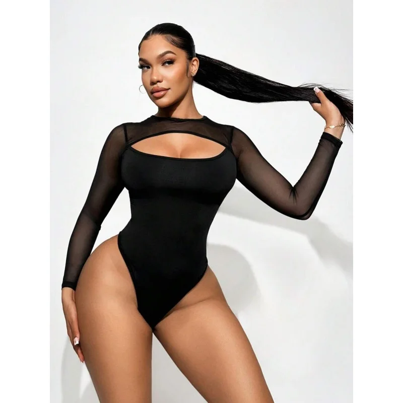 

Mesh Patchwork Jumpsuit Low Waist Short Pants Women's One-Piece Suit Patchwork Design Cross-Border Shipping Available