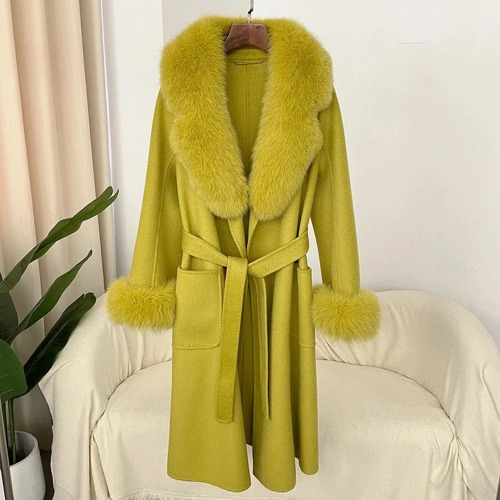 2024 Long Fur Coat Ladies Wool Coat Woolen Natural Real Fox Fur Collar Winter Jacket Women Belt Warm Outerwear Streetwear