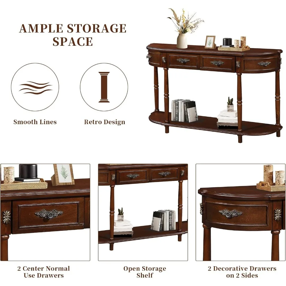 HMFULE 레트로 곡선형 콘솔 테이블, 52인치 반달형 콘솔 테이블 소파 테이블 현관 테이블 2개의 서랍과 1개의 오픈 선반 포함 솔리드 파인 L