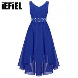 Kids Girls Shiny Beaded Party Dress V Neck Sleeve High Waist High-low Hem Chiffon Dress for Flower Girls Evening