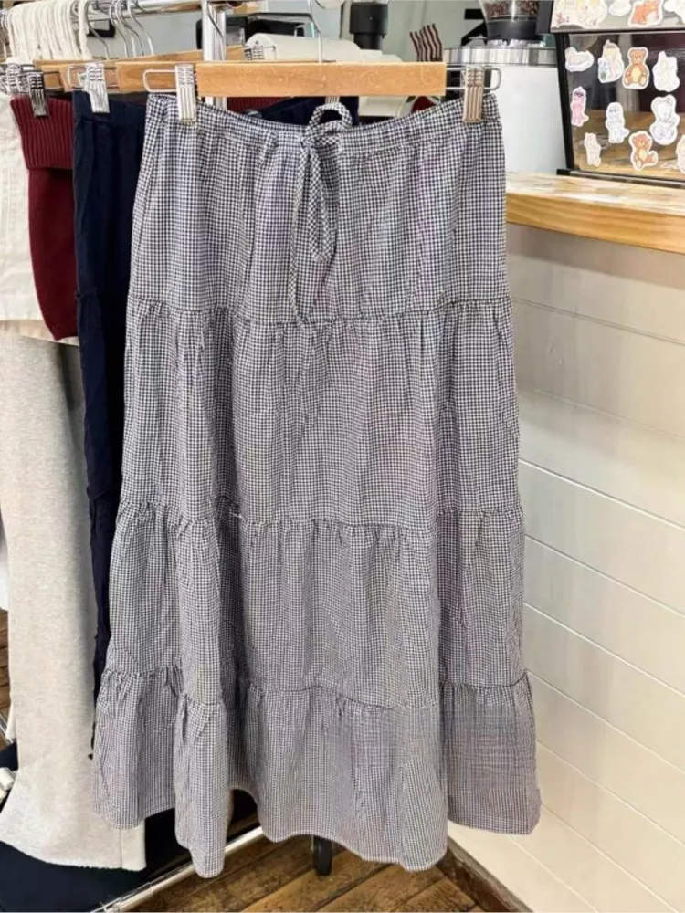 Plaid Ruffles Loose Maxi Skirts Women New Casual Elastic High Waist A-line Falda Fairycore Preppy Style Vintage Long Skirt Y2K