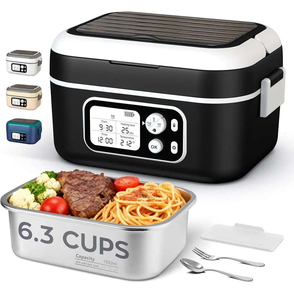 

Portable Electric Lunch Box, 6.3 Cups, 100W, 24000mAh Battery, Self-Heating, Includes Cutlery, Insulated Bag, and Divider for Me