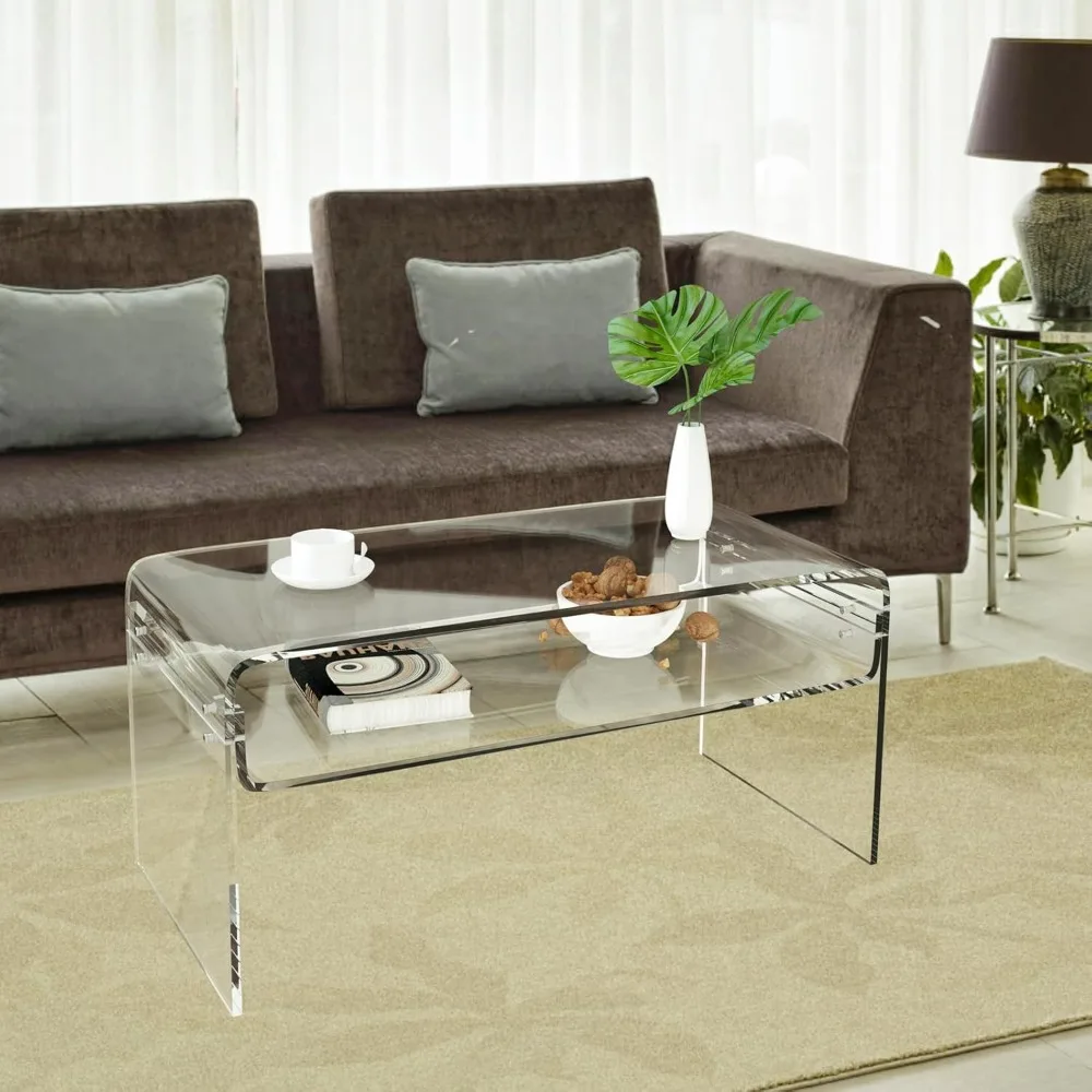 

Acrylic Coffee Table, 31.5" Clear Coffee Table with Storage Shelf, Rectangle Centre Table