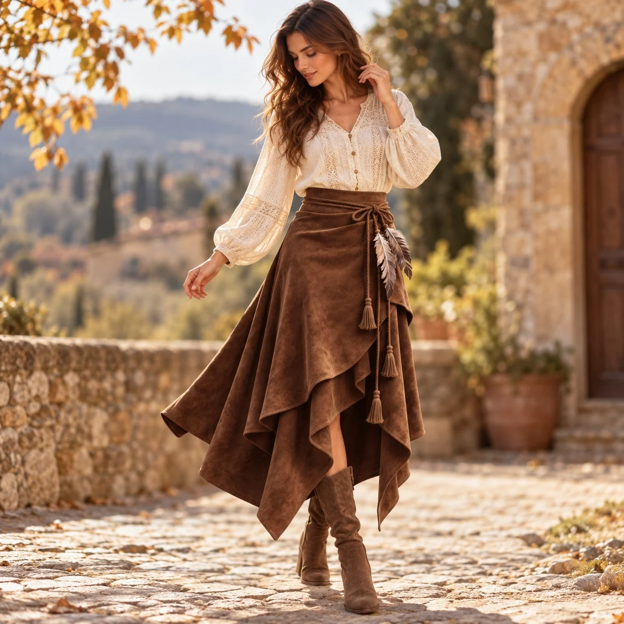 Tie Skirt Asymmetrical Hem Ethnic Tribal with Maxi Length Autumn Retro Literary Retro No Stretch Midi Length Skirts for Women
