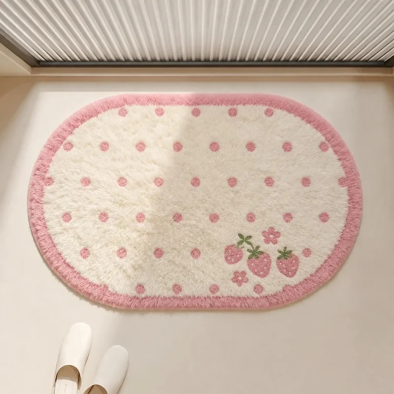 VIKAMA Cute Strawberry Non-Slip Bath Mat Soft Plush Absorbent Polka Dot Shower Rug for Bathroom Home