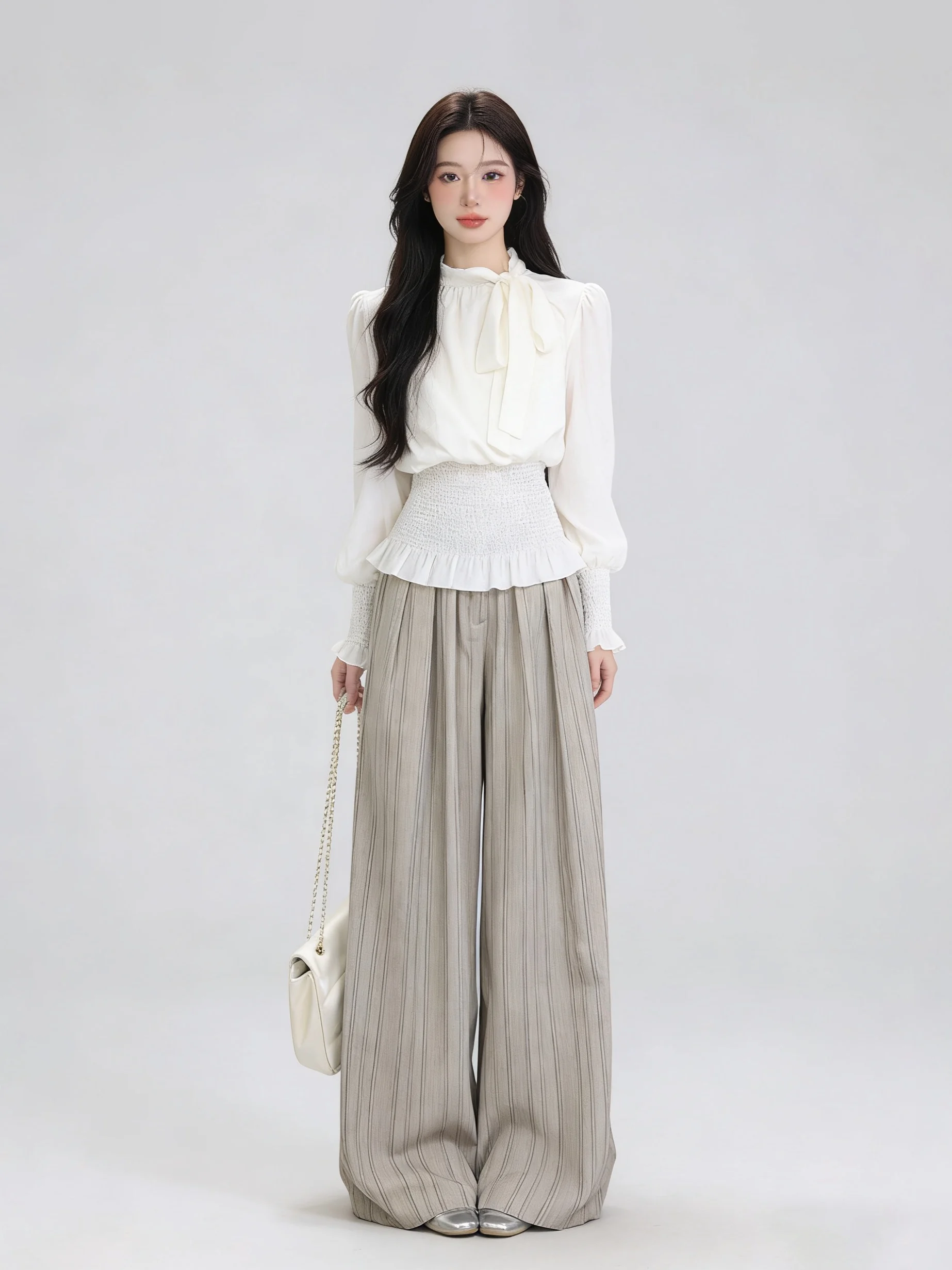 Early Spring Set Gentle Wind White Series Tie Waist Shirt Striped Wide Leg Pants Elegance Commuting Women's Fashion Set