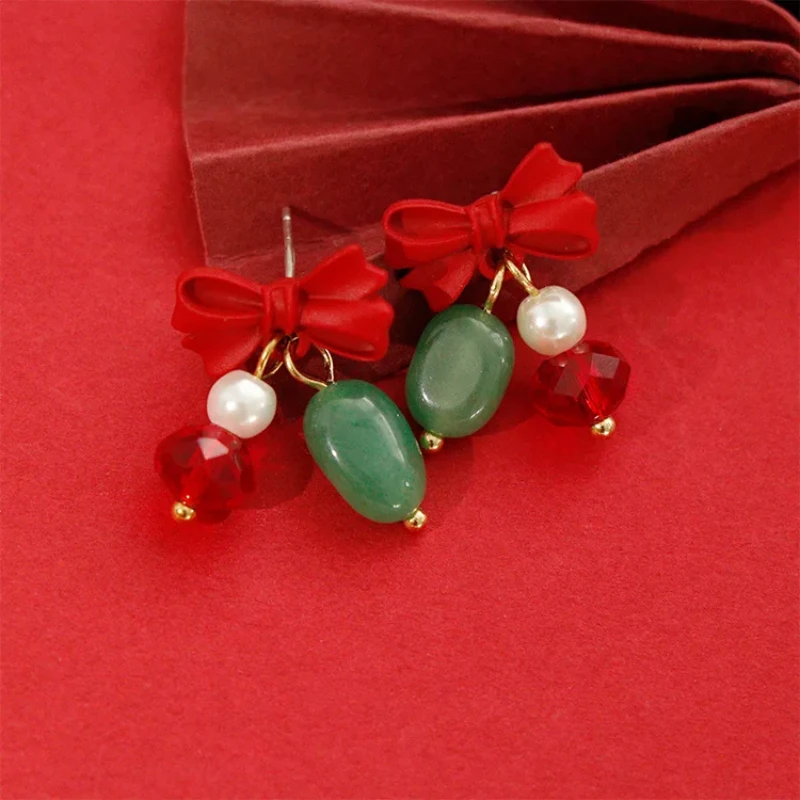 Natural stone wine red bow earrings Fashion red festive grand festival with studs suitable for the New Year women's earrings