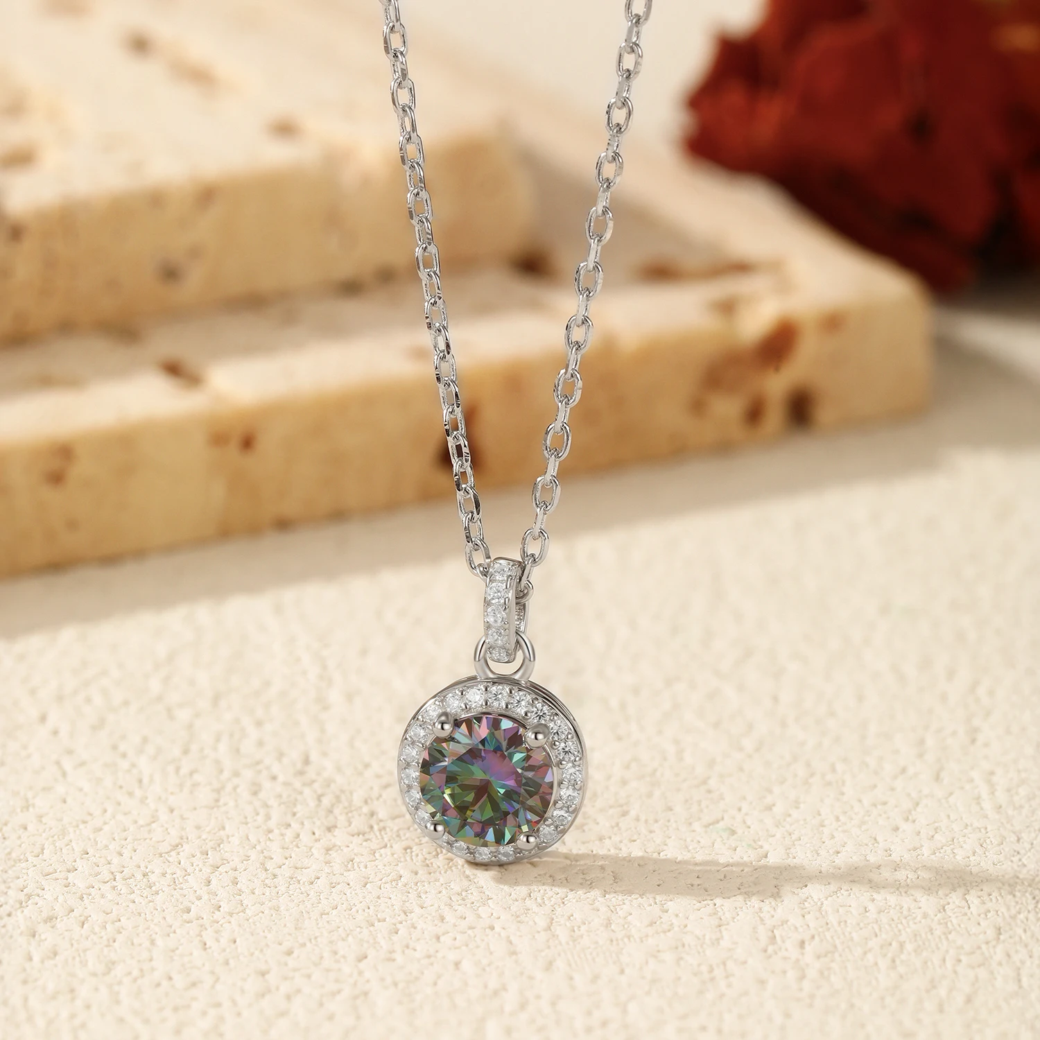Women's 1CT Multicolor Round Moissanite Pendant Necklace, 925 Silver