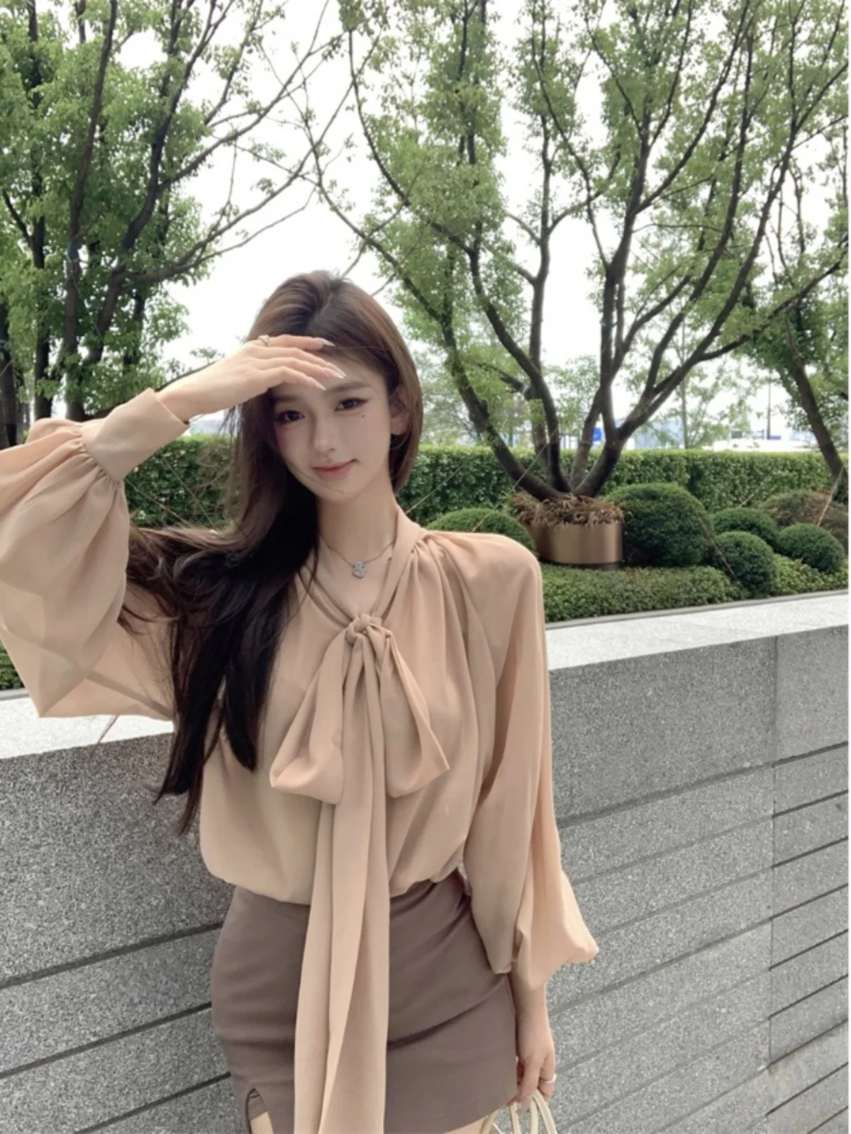 Women's Long Sve Chiffon irt  Knot Waist Cinching Loose Personali Top Commute Sle Polyester Fiber Pure Color