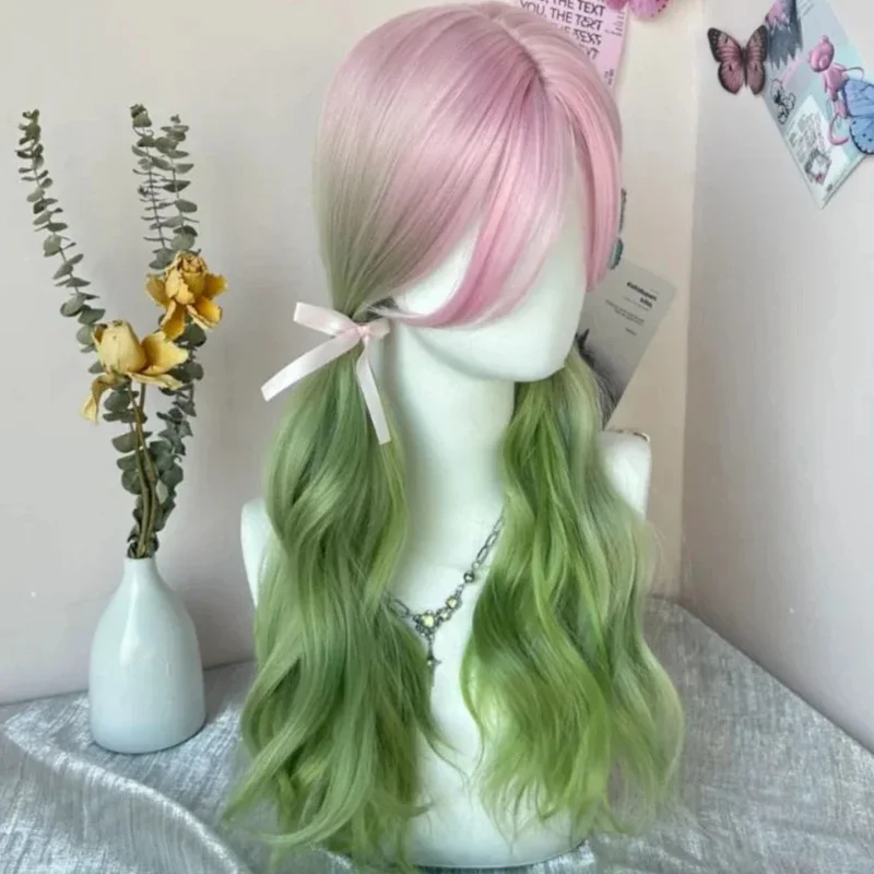 أومبير الوردي الأخضر شعر مستعار للنساء مانا معبد كانروجي ميتسوري كوس شاولومي الوردي الأخضر طويل مجعد شعر مستعار الإناث رئيس الباروكات