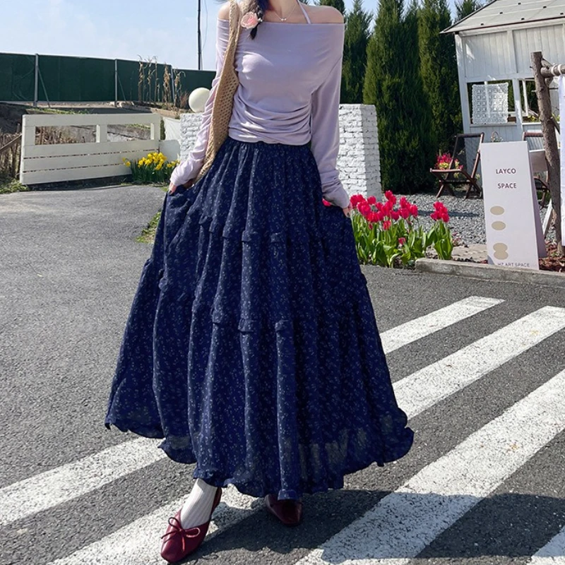 Long Skirts Women Skirt A Line Print Floral Streetwear High Elastic Waist Ruffles Elegant Y2k Maxi Elegant Work Casual 2025