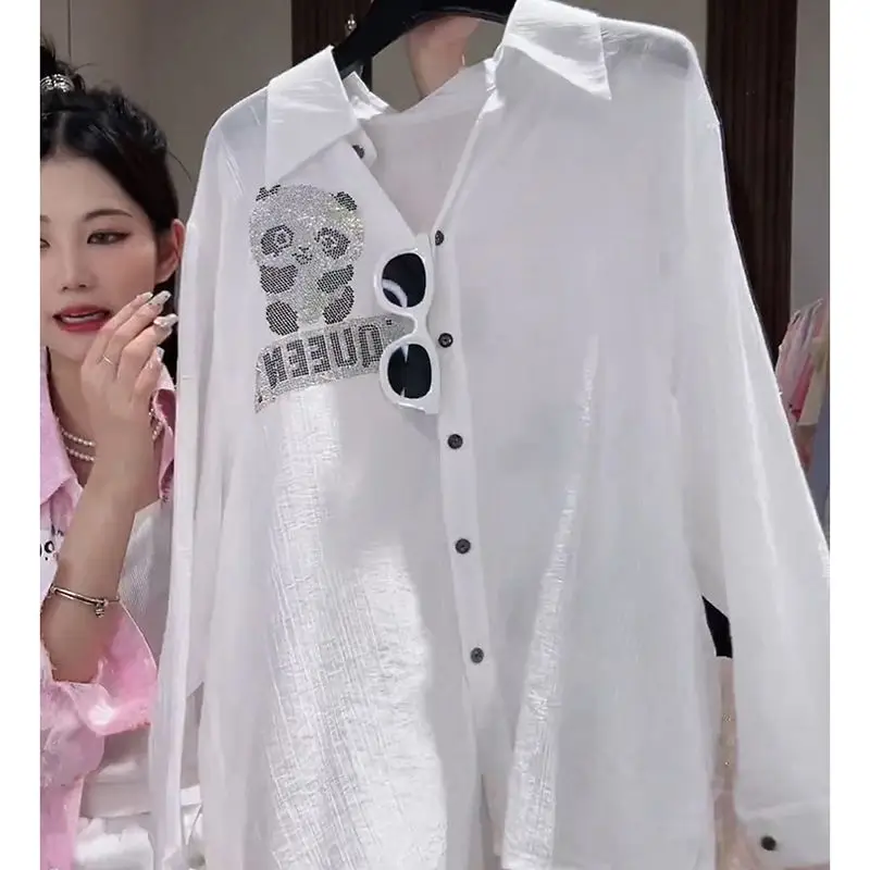 Thin Women\'s Summer Korean Loose Long Sleeved Shirt with a High-end Feel Heavy-duty Rhinestone Sun Protection Shirt