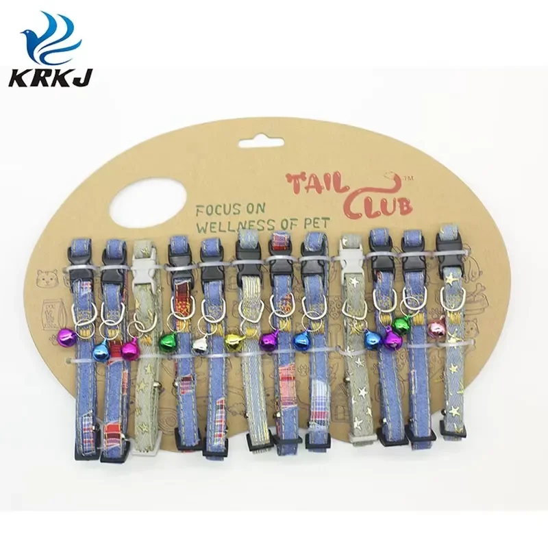 for TC1002 1dozen Package Mixed Color Bling Bells Designer Dog Pet Adjustable Denim Collar
