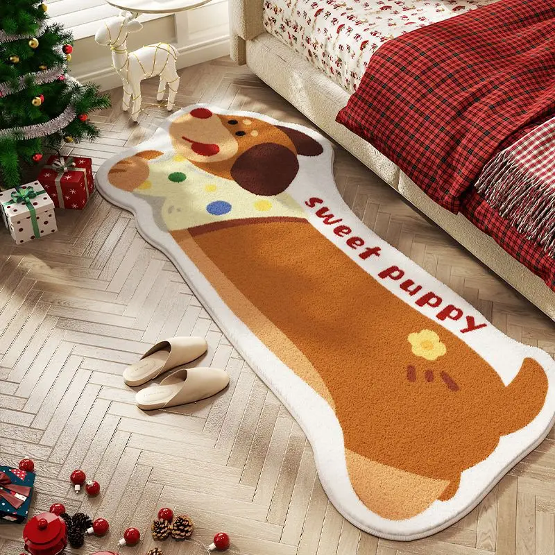 Vintage Brown Irregular Carpet in Living Room Cute Cartoon Puppy Pattern Bedroom Bedside Soft Rugs Non-slip Fluffy Balcony Rug