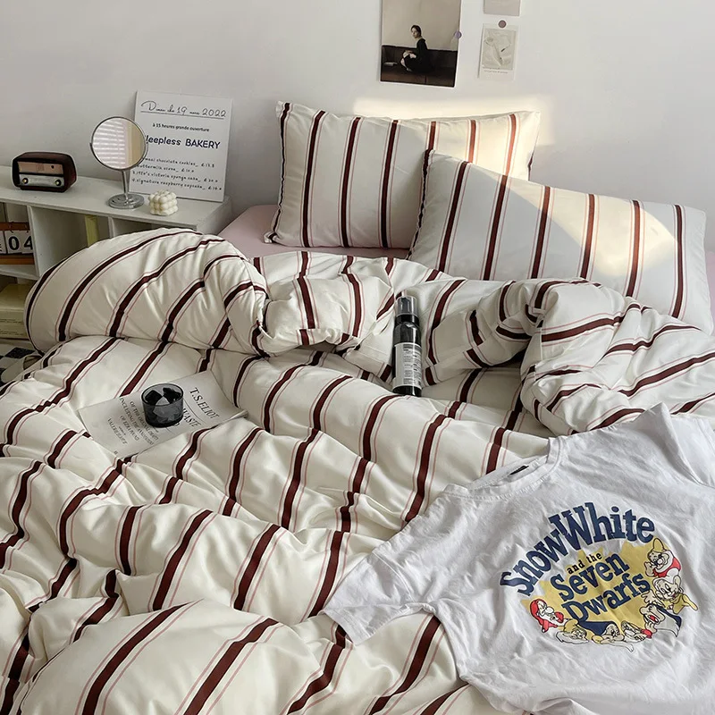 Korean Stripe Bedding Set Adults Kids Twin Full Queen Size Soft Bed Flat Sheet Duvet Cover Set Pillowcases Simple Bed Linen
