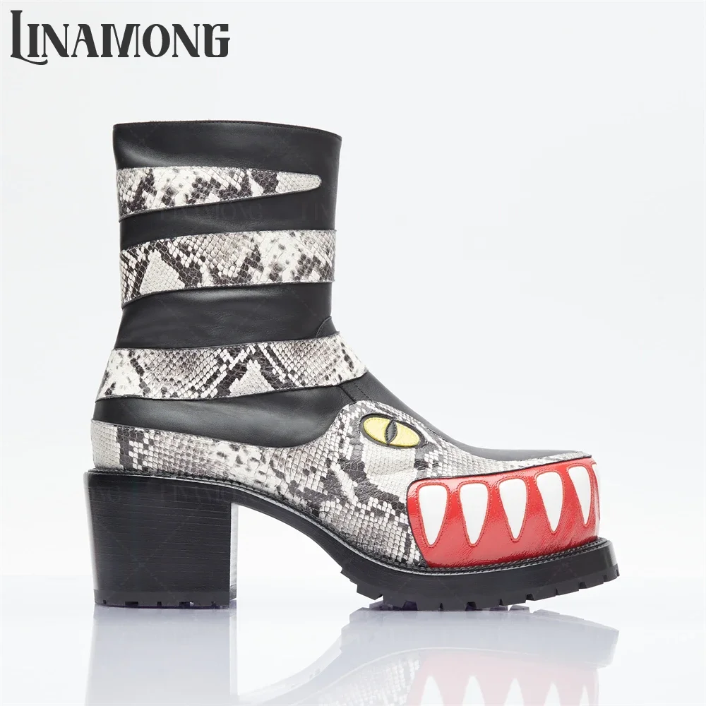 Snakeskin Effect Leather Booties Graphic Print Block Heel Ankle Boots Designer Fashionable Style Zip-Up Boots Punk Leather Boots