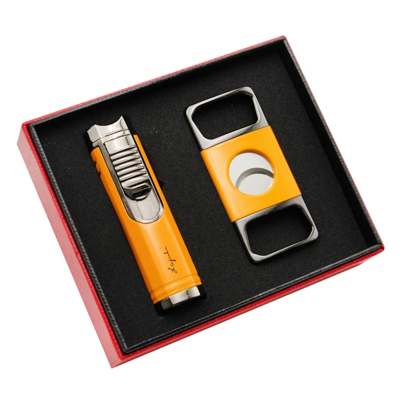 

Cigar Lighter And Cutter Set Triple Flame Direct Injection Cigar Torch Lighter And Scissors Combination Pack