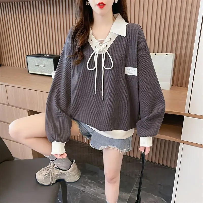 Fashion V-Neck Spliced Lace Up Bow Casual Sweatshirts Female Clothing 2024 Autumn New Loose All-match Tops Korean Sweatshirts