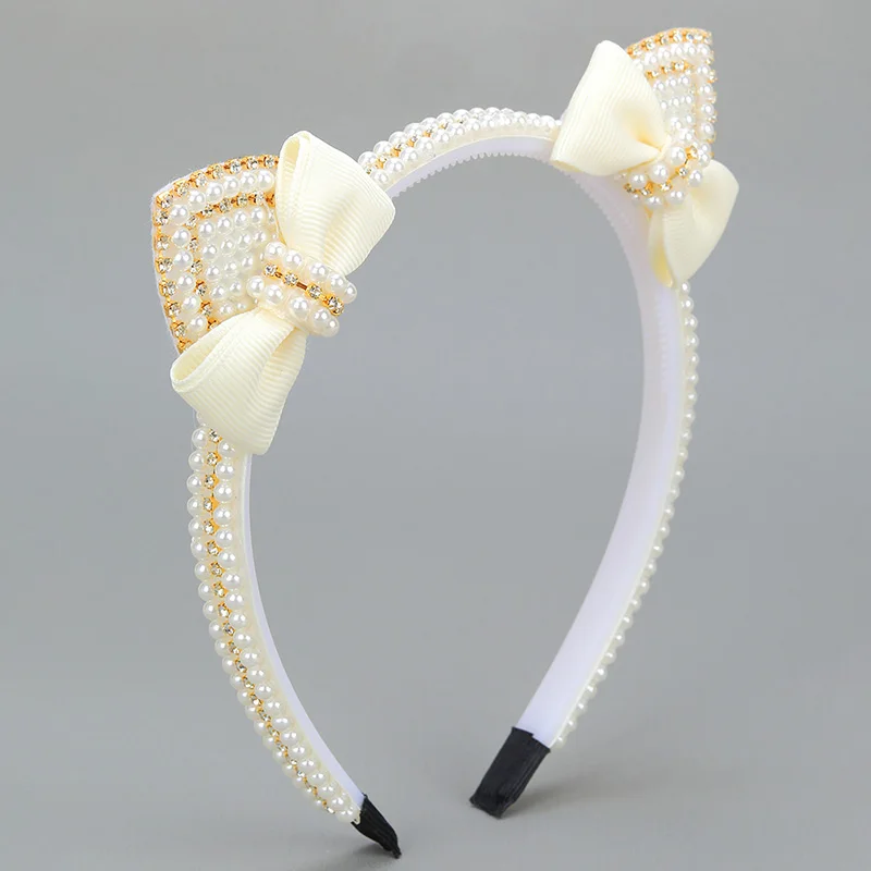 Fashion Rhinestone Headband Girls Ribbon Bow Hair Hoop Headwear Elegant Pearl Cat Ears Hairbands Kids Hair Accessories